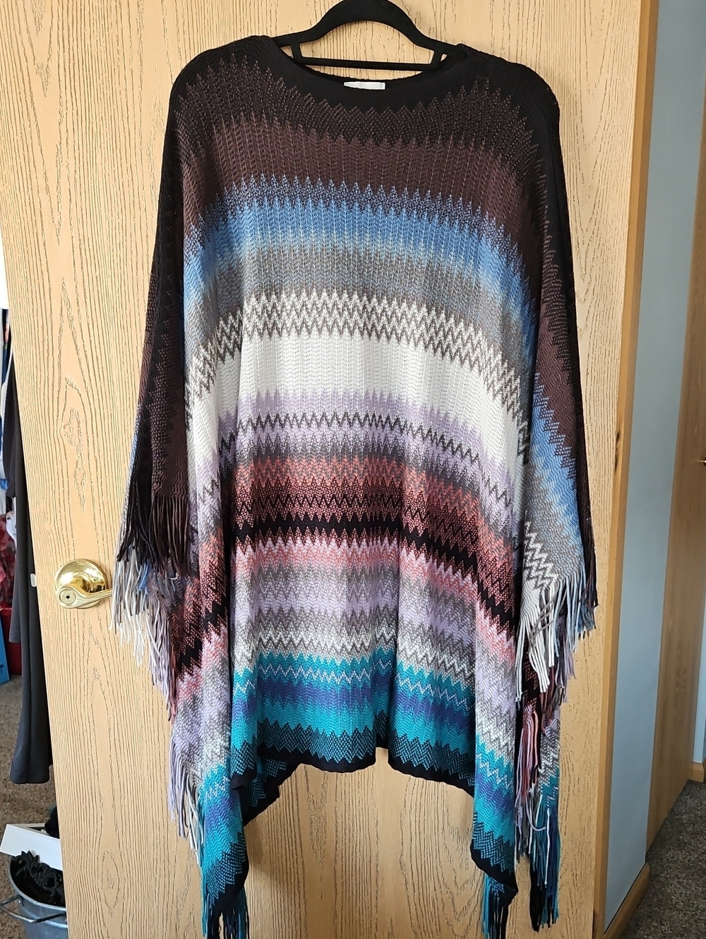 Fringed Multicolor Zigzag Knit Poncho - Brown, Blue & Cream